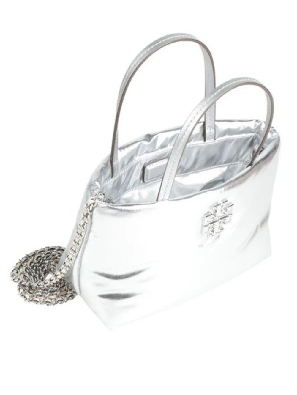 Tory Burch Britten Metallic Puffy Mini Tote Silver Crossbody New